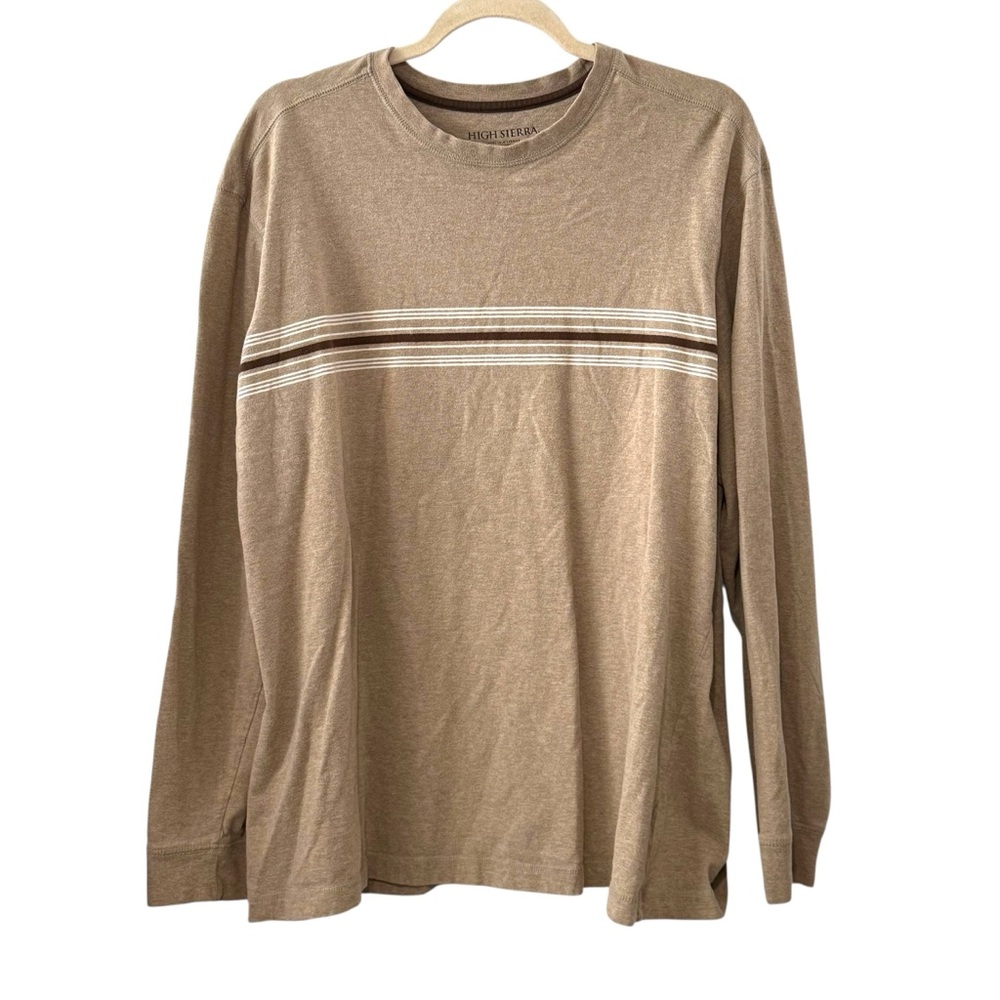 High Sierra Large Tan Brown Striped Crewneck Long Sleeve T-Shirt 100% Cotton